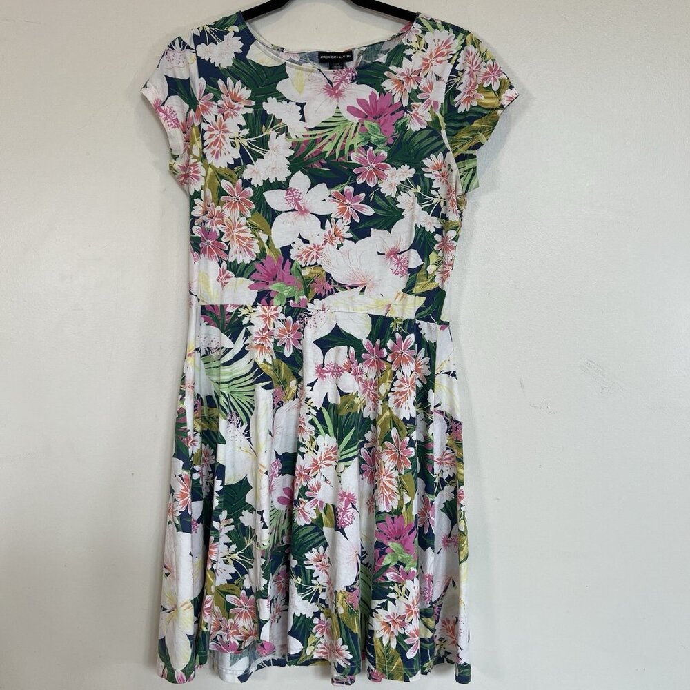 American Living Fit Flare Dress Pink Tropical Floral Back Cut Out Cap Sleeve L